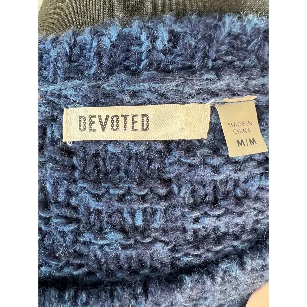 Devoted Blue Crochet Cable Knit Long Sleeve Round Neck Chunky Sweater Size M